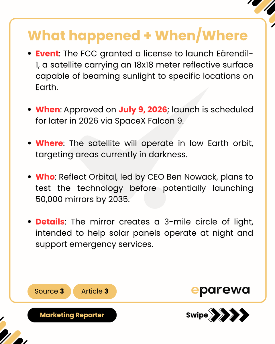 eparewaa's tweet photo. FCC Approves First Space Mirror Satellite to Reflect Sunlight https://t.co/m0AWSnnJmA