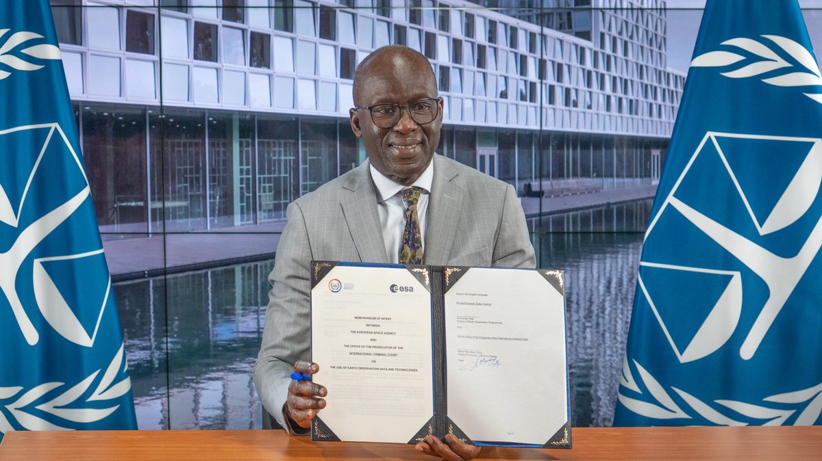 IntlCrimCourt's tweet photo. The ICC Office of the Prosecutor and @ESA_EO signed a Memorandum of Intent, reinforcing cooperation on the use of Earth observation data, research and capacity building to strengthen investigations, accountability for Rome Statute crimes, and support for victims. https://t.co/nY5rBD5XYD