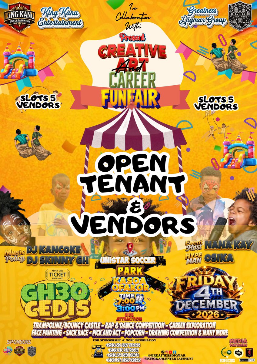 greatnessdg1's tweet photo. Where customers Dey! 🔥
Bring your products to where the crowd will be! Come sell, network, and cash out at the biggest Creative Art &amp; Career Funfair.
Don't watch, come and sell!
WhatsApp: 0598975006 to register now!!

#kingkanuentertainment #greatnessdigmar #greatnessdigmargroup https://t.co/xxBSQQpzul