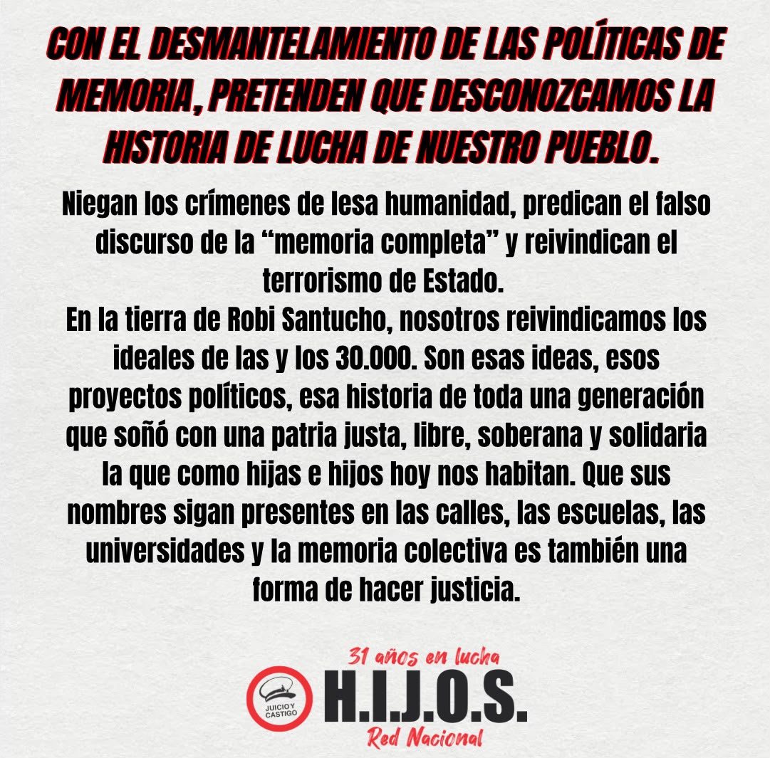 hijosnacional's tweet photo. 5. El desmantelamiento de las políticas de memoria pretende que desconozcamos la historia de lucha de nuestro pueblo. Niegan los crímenes de lesa humanidad, predican el falso discurso de la "memoria completa" y reivindican el terrorismo de Estado. https://t.co/Hfy3JoWKj0