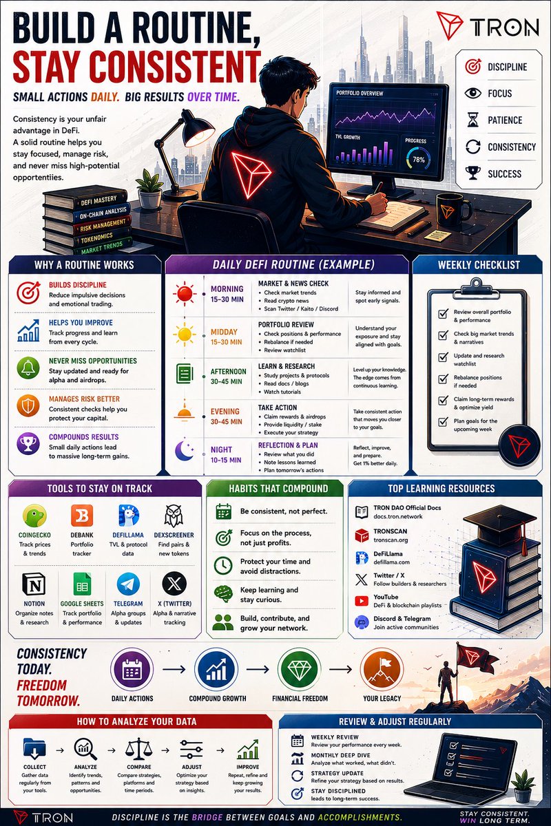 _Rock08's tweet photo. BUILD A ROUTINE, STAY CONSISTENT

A THREAD 

1/8
🗓 BUILD A ROUTINE, STAY CONSISTENT
Successful investing isn't about watching charts all day.
It's about following a simple routine you can stick to.
Here's mine on @DeFi_JUST.
#TRONDeFiSummer #TRONDeFiScientist https://t.co/0k0hd2kOSV