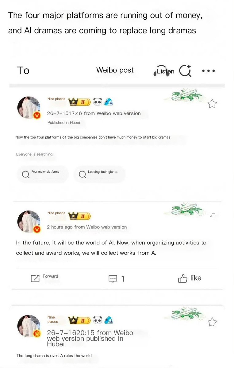 CentGossip_'s tweet photo. 🍵🍉 The four major drama platforms has a no money, AI dramas will replace Long drama! 

What do you think? 

#Cent https://t.co/6yI379JdiD