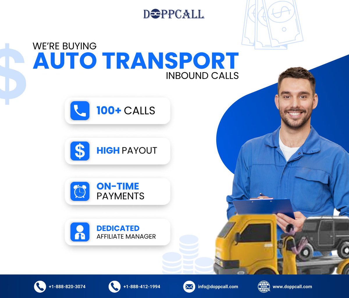 doppcall's tweet photo. Calling Media Buyers & Performance Marketing Partners

We’re actively seeking experienced publishers and lead generation experts who can consistently deliver high-quality Auto Transport inbound calls from real customers.

If you already generate inbound calls in the vehicle shipping industry or have the ability to scale your campaigns quickly, we’d love to work with you. 

We purchase qualified calls every day  no shared leads, no cold transfers, only genuine inbound conversations from customers actively looking for auto transport services.

Our goal is to build long-term partnerships based on trust, transparency, and consistent performance, making it easy for our partners to grow with confidence.

Why partner with us?

✅ Premium payouts with on-time payments
✅ Nationwide campaign availability
✅ Clear call requirements and transparent reporting
✅ Dedicated support for scaling your traffic

We recognize the value of quality traffic and appreciate publishers who focus on compliant, high-intent customer acquisition.

If you're searching for a dependable buyer that can help maximize the value of your Auto Transport traffic, we're ready to scale with you today.

Accepted Traffic Sources:

✔ Google Ads
✔ Facebook & Instagram Ads
✔ Microsoft Bing Ads
✔ SEO & Organic Traffic
✔ Other compliant marketing channels

What We're Looking For:

📞 100+ qualified Auto Transport inbound calls per day

Let's Build a Successful Partnership!

📧 Email: info@doppcall.com
☎ Phone: +1 (888) 820-3074 | +1 (888) 412-1994
🌐 Publisher Registration: https://t.co/yVcsilbQPM

#Doppcall #AutoTransport #VehicleShipping #LeadGeneration #InboundCalls #PerformanceMarketing #MediaBuying #AffiliateMarketing