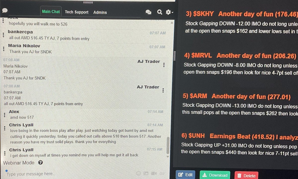 AjTrader7's tweet photo. Little inside look of what Traders are saying this morning in Chat
#Maria scored +25pts or more on $SNDK 
#Chris is happy he banked +7-8pts or more on $AMD 
#Banker is happy he nailed 7pt on $AMD 
We played $VEEE this morning at $34 LONG to $42
So much fun
https://t.co/Lp58JbohIW https://t.co/JZdRSApRrY