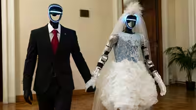 thedygest's tweet photo. Two robots got married in Russia this week.

A robot dog served as the ring bearer, the vows were AI-generated, and the bride performed a dance.

We were promised flying cars and instead the machines are having a nicer wedding than most of us will. https://t.co/GAdu0fWR1Q