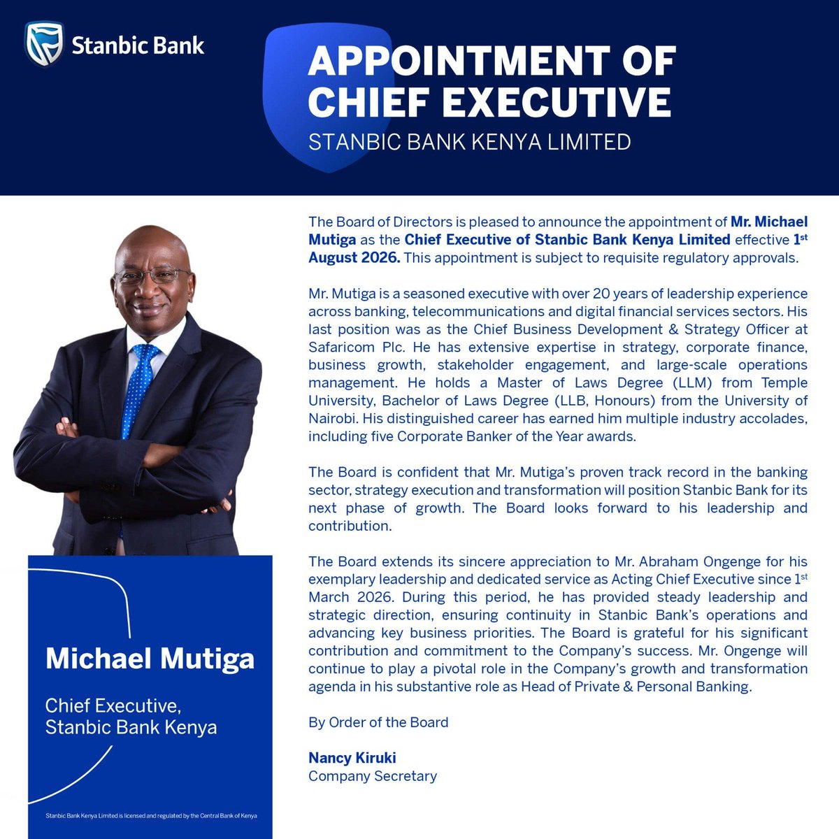 AmbokoJH's tweet photo. Stanbic Bank Kenya (@StanbicKE) taps Safaricom Plc (@SafaricomPLC) Chief Business Development &amp; Strategy Officer, Michael Mutiga, as Chief Executive effective August 1st, 2026. 

This is an interesting one! https://t.co/EfZSWgiz5e