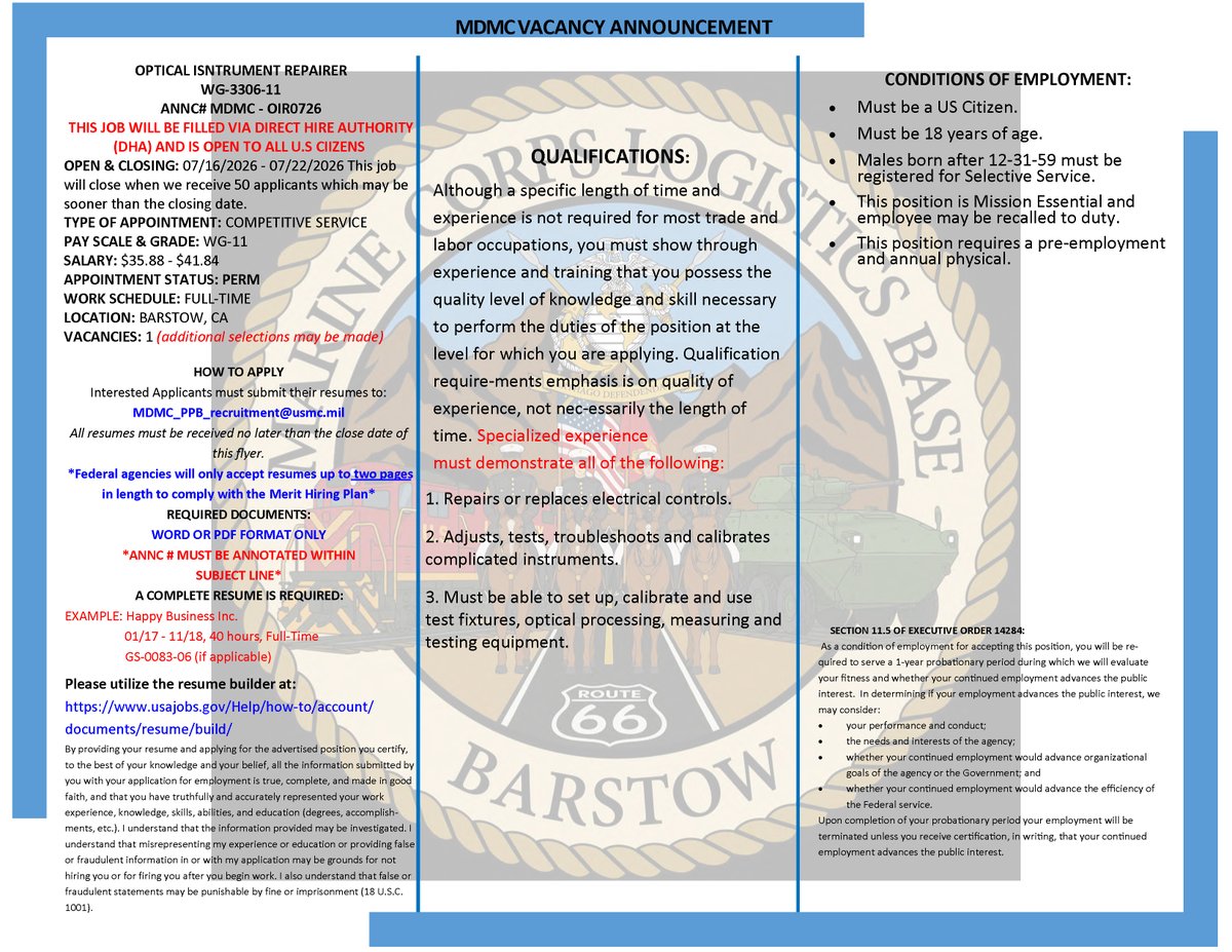 MCLB_Barstow's tweet photo. #We are hiring! Come join an exceptional team at Marine Depot Maintenance Command, Production Plant Barstow. #hiring#optical#instrument#repairer#3306#MDMC #PPB #Barstow https://t.co/Kg6bqtSJmt