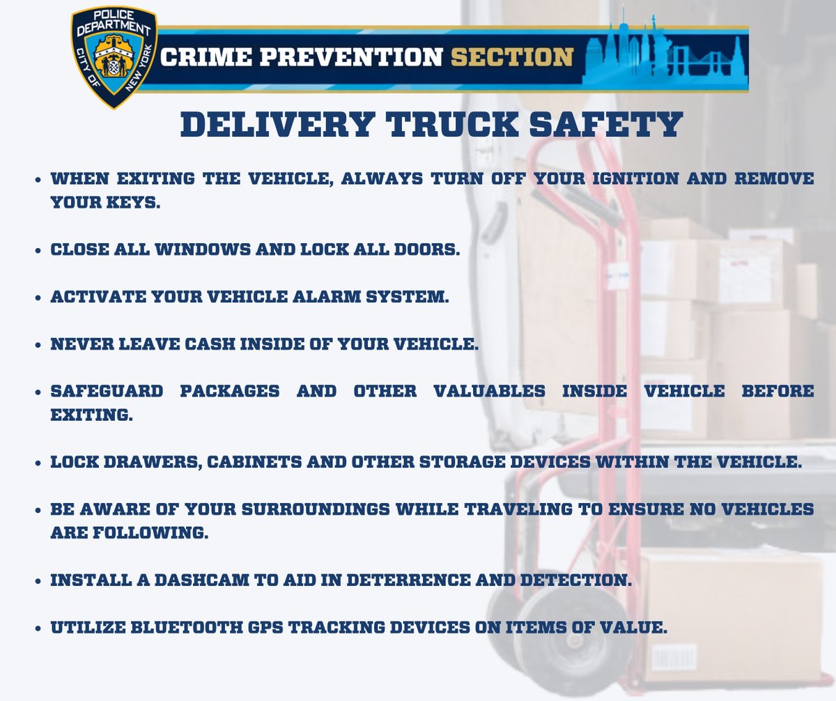 NYPD101Pct's tweet photo. The NYPD 101 Precinct reminds delivery drivers: Lock your vehicle when exiting, take your keys with you, stay alert, and secure packages or equipment out of sight. If you see any suspicious activity, call 911. #NYPD #101Precinct #CrimePrevention 🚚📦🔒

More information 👇 https://t.co/aRYTzf5GUO