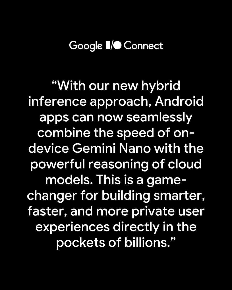 AndroidDev's tweet photo. @amsanjeev took the stage at #GoogleIOConnect India to talk all things hybrid inference.
He showed how mixing Gemini Nano's on-device inferences with cloud models reach makes Android apps smarter, faster, and more private → https://t.co/NDhSe9BudH
#BuildWithGemini https://t.co/KrSnTUIe0r