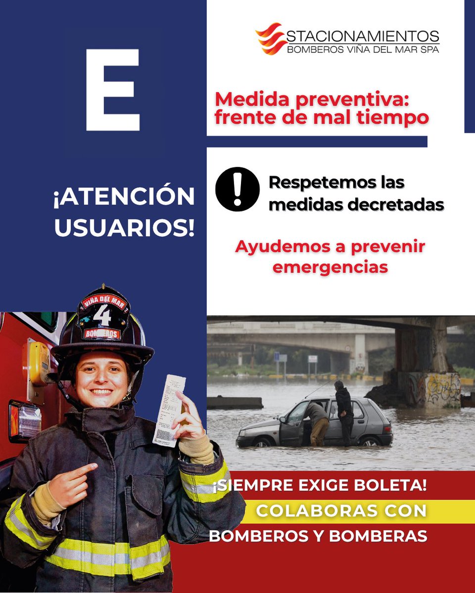 bomberosvina's tweet photo. 🚧 ESTACIONAMIENTOS | Debido al ingreso sistema frontal, Estacionamientos Bomberos Viña del Mar informa que durante esta jornada Barrio Oriente no operará y Estero sigue cerrado en todos sus tramos. Los demás sectores tampoco operarán.

Agradecemos su comprensión. 🌧️🚒 https://t.co/BwC4FTY0V0