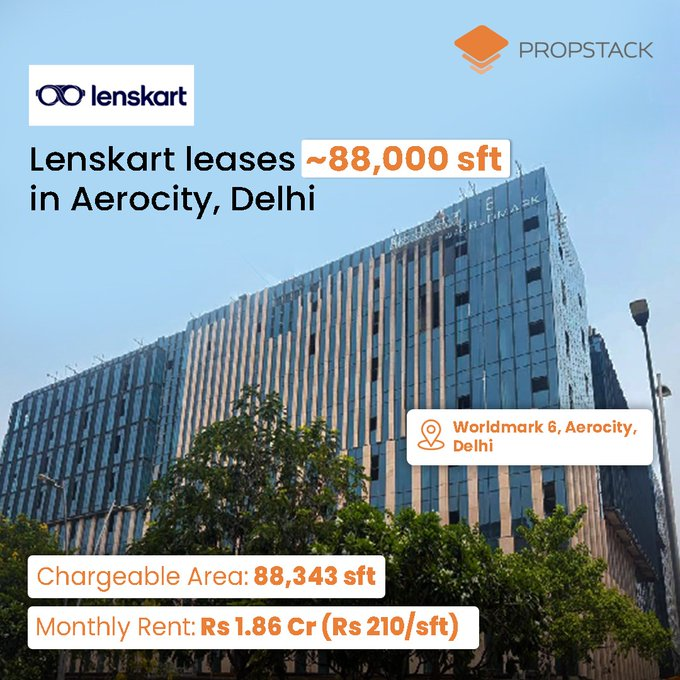 NaFaUpSpo's tweet photo. #Aerocity's commercial momentum continues!  
#Lenskart has leased 88,343 sq ft at Aerocity, #Delhi, in a 9-year deal worth ₹232 cr.The eyewear giant will occupy the 8th floor, paying a monthly rent of ₹1.86 cr (₹210/sq ft) underscoring sustained demand for premium office space https://t.co/ntmCYLCwSD