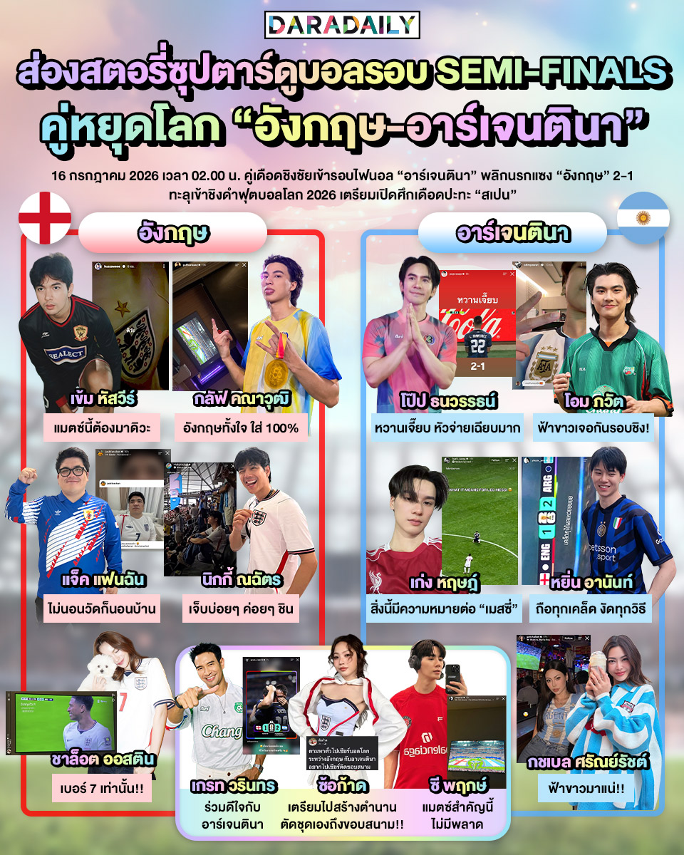daradaily's tweet photo. ส่องสตอรี่ซุปตาร์ดูบอลรอบ SEMI-FINALS คู่หยุดโลก “อังกฤษ-อาร์เจนตินา” 🏴󠁧󠁢󠁥󠁮󠁧󠁿🇦🇷 ⚽ 🌍
.
.
#ฟุตบอลโลก2026 #ทีมชาติอังกฤษ #ทีมชาติอาร์เจนตินา #daradaily #ดาราเดลี่ #ข่าวบันเทิง https://t.co/DiDYGJxwDh