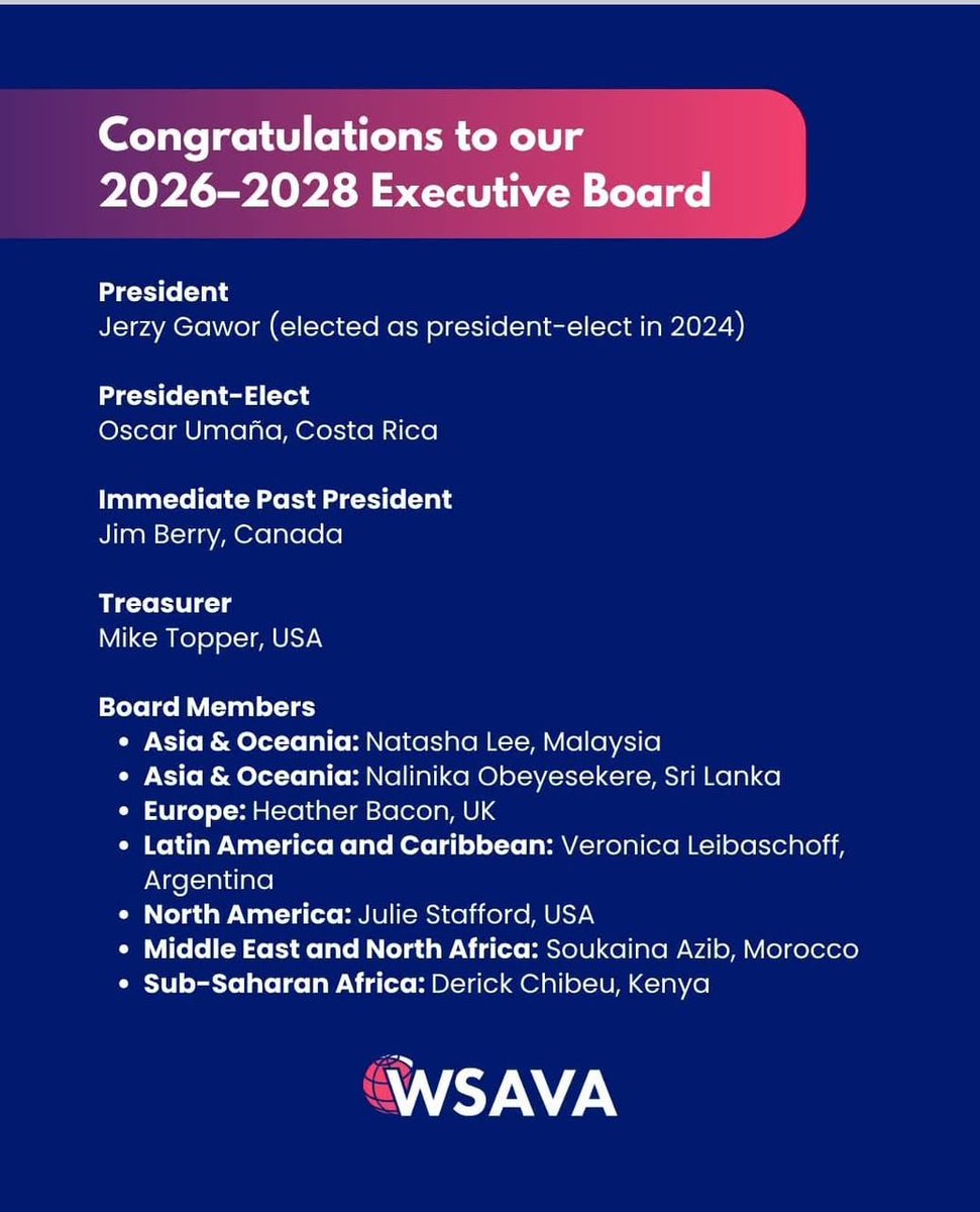 KESCAVAvets's tweet photo. Kindly join the Exec. Committee in extending heartfelt congratulations to Dr. Derick Chibeu on his re-election as the Sub-Saharan Africa Board Member of WSAVA Executive Board for the 2026–2028 term
Congratulations, Dr. Chibeu! #wsava #kescava #kva #vetleaders #veterinarysurgeons https://t.co/DJsYX5nHk9