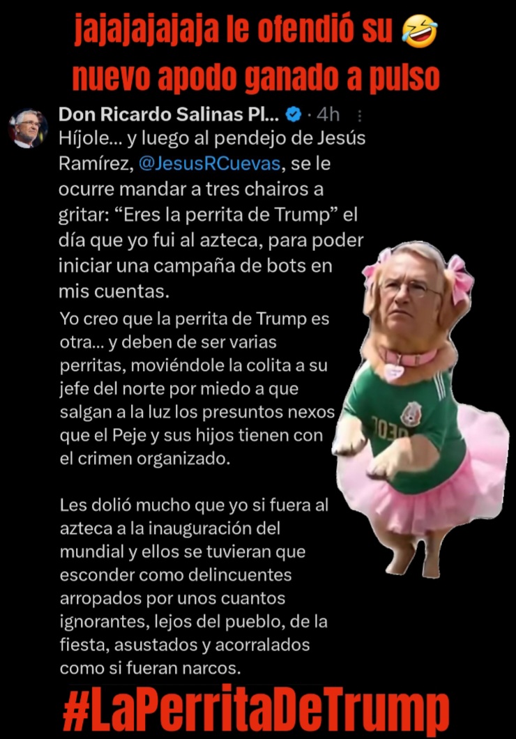 violetamg10078's tweet photo. Jajajajajaja 🤣🤣 No te equivoques #SalinasPliego el apodo te lo puso el PUEBLO MEXICANO , te lo ganaste por lamebotas de #Trump y ya se te quedó.
🤣😁😜🤣😁😜
#LaPerritaDeTrump 
🤣😁😜 https://t.co/RuxnhbdRCP