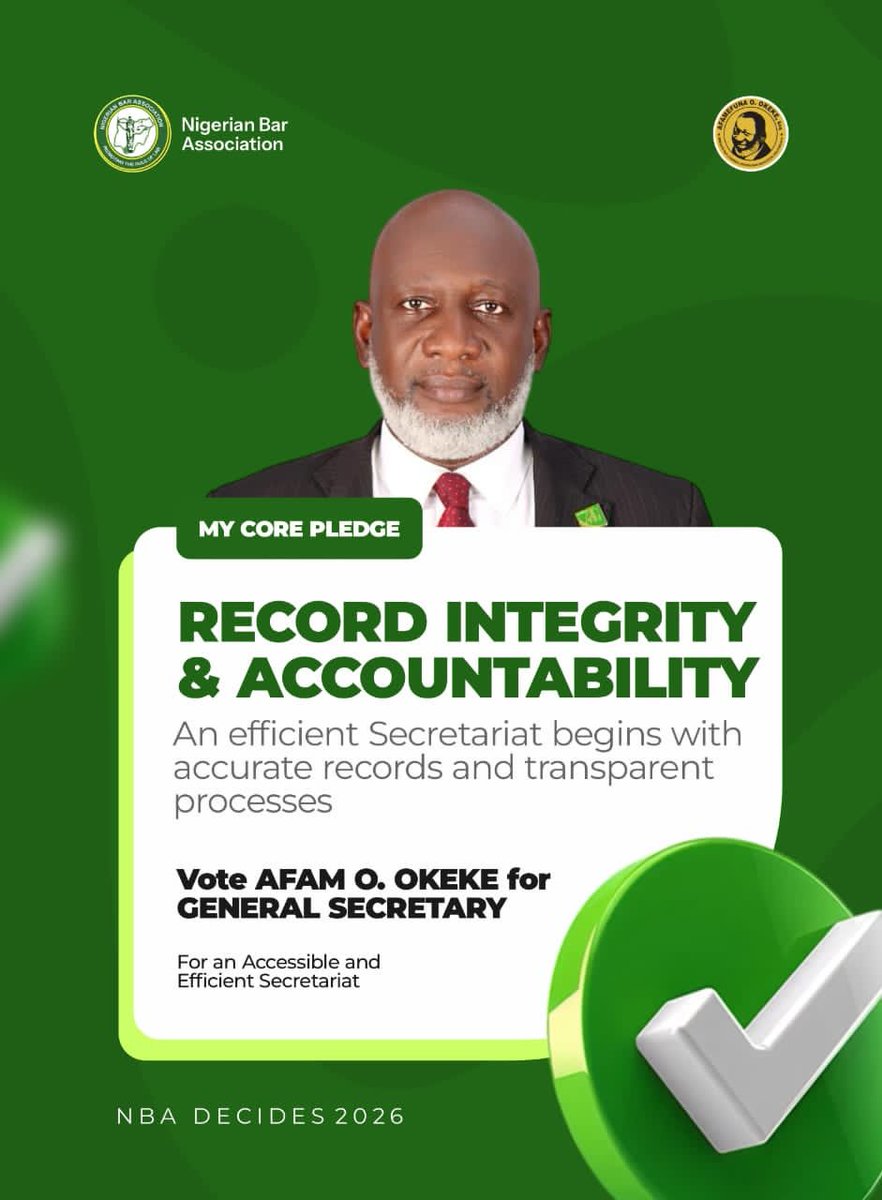 afamefunaookeke's tweet photo. RECORD INTEGRITY & ACCOUNTABILITY

An efficient Secretariat begins with accurate records and transparent processes.

I will champion the full digitization and secure archiving of Secretariat records, ensuring that information is protected, easily accessible, and efficiently managed.

Every request will be tracked from submission to resolution within clearly defined timelines because accountability should not be an aspiration, it should be the standard.

I am not seeking this office for the title. I am seeking it to serve.

With accessibility, accountability, innovation, and a commitment to results, I will lead a Secretariat that truly works for every member, every time.

On 18th July 2026, let us make the right choice.

Vote AFAM O. OKEKE
For GENERAL SECRETARY, Nigerian Bar Association
For an Accessible and Efficient Secretariat.

#AfamOkeke2026 #GeneralSecretary #NBAElections2026 #AccessibleAndEfficientSecretariat #DigitalFirstSecretariat #RecordIntegrity #Accountability #ServiceDrivenLeadership #ResultsDrivenLeadership #OneBarOneVision #VoteAfamOkeke