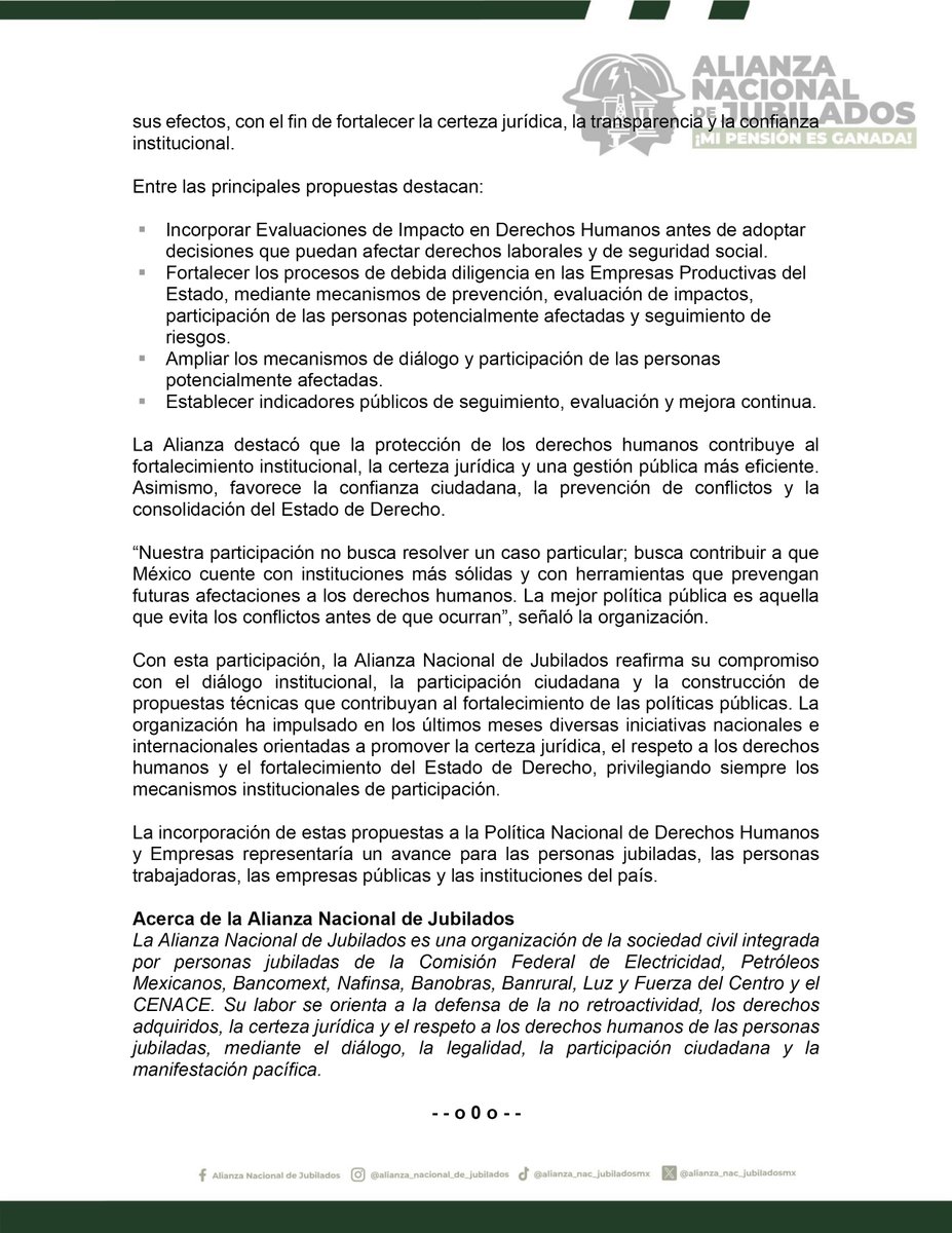 jubiladosmx's tweet photo. Los  @jubiladosmx  participamos en la Consulta Pública de la Política Nacional de Derechos Humanos y Empresas, impulsada con el acompañamiento de la #ONU-DH y la #OIT. Presentamos propuestas para fortalecer la certeza jurídica y proteger los derechos adquiridos. Léelas. https://t.co/eQ4z7Bv6Sy