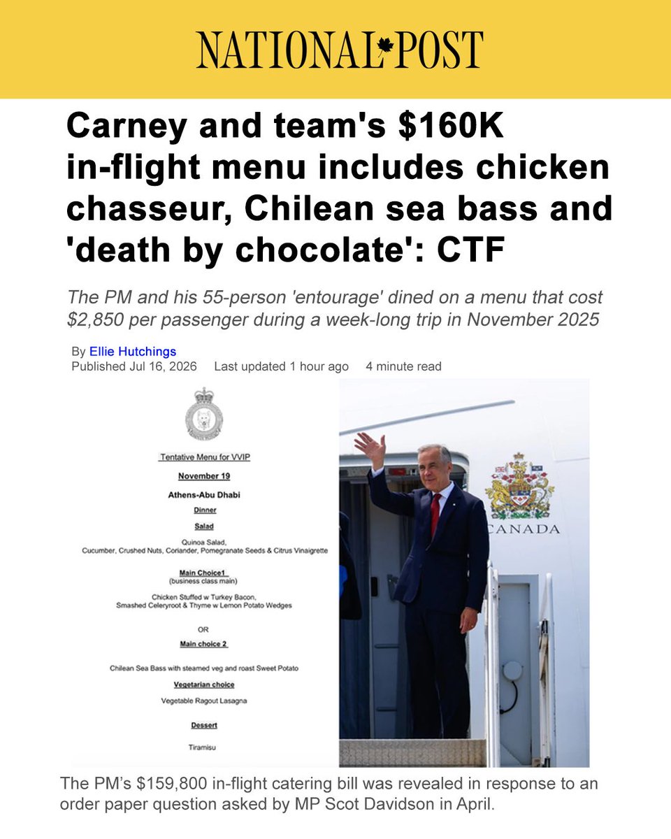 ScotDavidsonMP's tweet photo. While Canadians struggle due to the weak economy, risings costs, and high inflation caused by the Liberals' failed economic policies, Mark Carney continues to live large on the taxpayer's expense.

How can he tell Canadians who are struggling to put food on the table to "make more sacrifices" when he's flying high and eating chicken chasseur and 'death by chocolate' at $2,850 a plate?