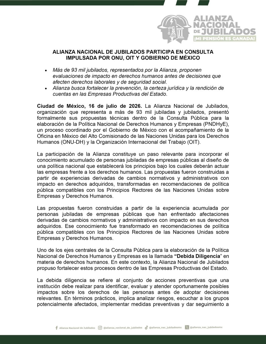 rnjubiladoscfe's tweet photo. Los  @jubiladosmx  participaron en la Consulta Pública de la Política Nacional de Derechos Humanos y Empresas, impulsada con el acompañamiento de la #ONU-DH y la #OIT. Presentamos propuestas para fortalecer la certeza jurídica y proteger los derechos adquiridos. Léelas. https://t.co/4hSwEMaczT
