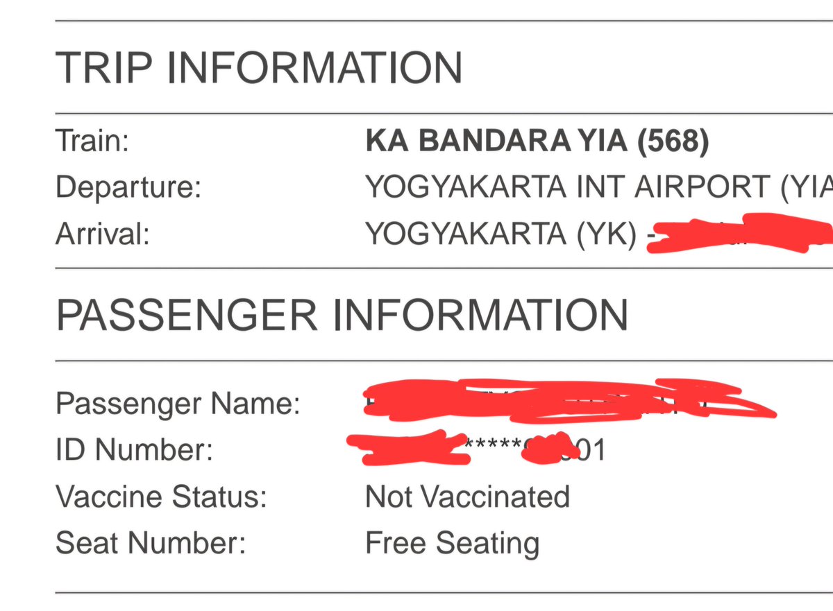 butt3rflydr4gon's tweet photo. Halo @KAI121 . Ini saya beli tiket KA bandara via web. Di tiket kok ada "Vaccine status" ini apaan? Vaksin covid? Saya udh 4x lho. Kok dicantumin "Not vaccinated"? Sistem anda ngambil data dari mana? Lebih baik vaksin2an ini ga usah dicantumin deh. Udah ga relevan juga. https://t.co/BqgAI11MSR