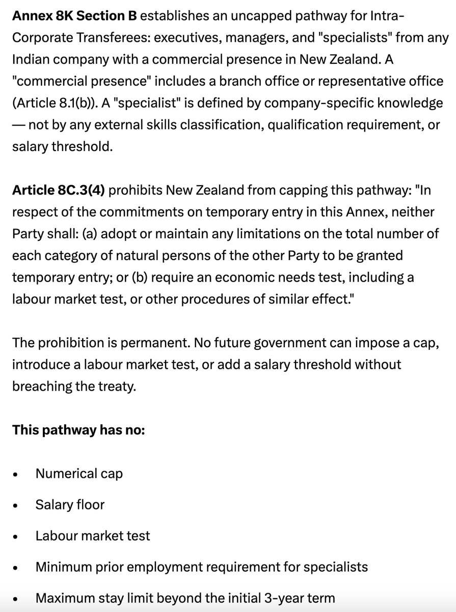 rosey_nz's tweet photo. The more I learn about NZ's India Free Trade Agreement, the worse it becomes! It feels as if you have signed away our sovereignty for an FTA @chrisluxonmp, @toddmcclaymp, @chrishipkins & @dbseymour!

I was already concerned about the unlimited students visas, the intellectual property transfer for horticulture (with no IP protection), the $20B investment commitment, the insertion of UNDRIP & the Paris Agreement, but these 👇uncapped pathways means even less jobs for Kiwis in our own country! 

If you are still living in ignorant bliss on this deal, I recommend you read @VoteSovereign's post below.