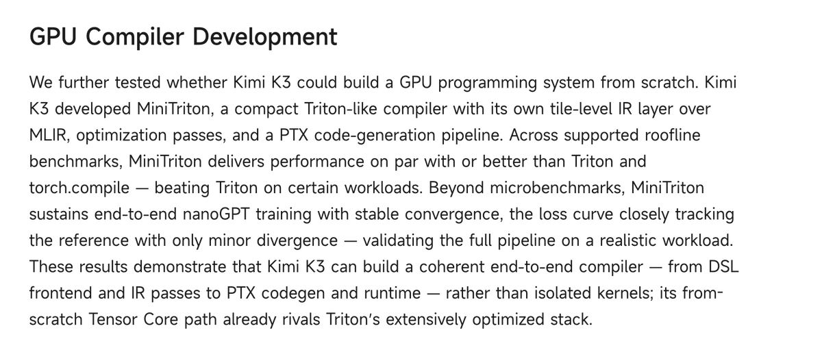 HarveenChadha's tweet photo. forget models training models

- kimi k3 spent one 48 hour autonomous run designing a chip to serve a nano model built on its own architecture

- it also wrote miniTriton from scratch matching or beating Triton on roofline benchmarks

its so over https://t.co/tHkb62AbG3