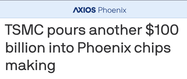 GovernorHobbs's tweet photo. This is huge news for Arizona. TSMC is investing another $100B in our state, bringing their total commitment to $265B. This is a game-changer that cements AZ as the global epicenter of semiconductor manufacturing &amp; innovation. 

https://t.co/qT6fzn2prI https://t.co/wp7lhSjGNx