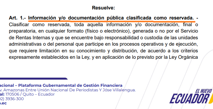 dolarizacionEc's tweet photo. Atención!
El SRI bajo la dirección de Alexandra Navarrete, exgerente tributaria de exportadora bananera Noboa, la misma señora que en 2012 recibió la notificación de pago de USD 98 millones por evasión de impuestos y que una vez designada como directora (sept 2025) culminó con la remisión y condonación  tributaria a la Exportadora, emitió  la Resolución Nro. NAC-DGERCGC26-00000025 que clasificó como RESERVADA toda información y/o documentación pública final o preparatoria relacionada con el “Sistema Integral de Trazabilidad y Control de Bienes y Servicios”👇

Dicha reserva se extiende por 10 años, pudiendo ampliarse por 5 años más. Es decir, utilizan el máximo tiempo dado por la LOTAIP pero son para casos excepcionales previstos en la ley y que son debidamente justificados. 

La “justificación” es en base a informes y requerimientos del señor Reimberg (Ministro del Interior), que son brevemente esbozados en el anexo adjunto a la resolución citada

¿Acaso la resolución pretende blindar de la fiscalización y del escrutinio público por lo actuado y por lo que hará el ente de control tributario, especialmente sobre la trazabilidad e información de los procesos de contratación?