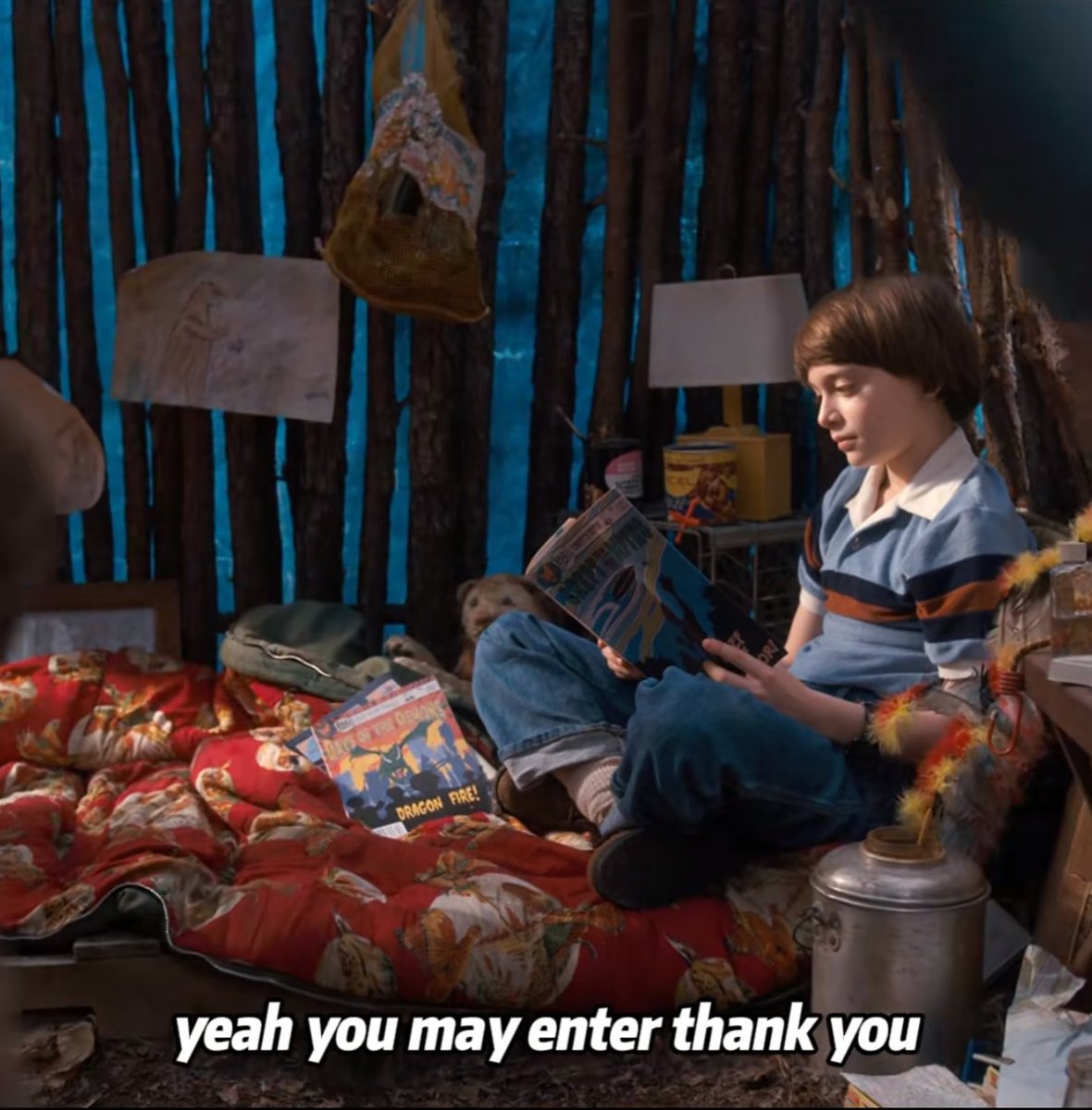 justserend12's tweet photo. since absolutely every line and scene is intentional in Stranger Things, I want to remind everyone that Castle Byers has a ✨ password ✨, and it’s “Radagast” — a shaman-like wizard in LOTR who, instead of challenging Sauron, avoids the War of the Worlds &amp; immerses in nature 🌱 https://t.co/Pk82R1ENVP