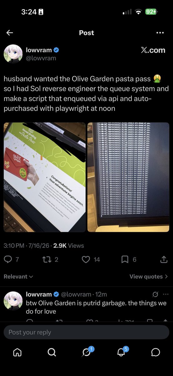 stepham97's tweet photo. @csclauder @thundervolt888 @olivegarden @lowvram I also have the screenshots as well I made sure to get their reply too. https://t.co/0nRVm3u7m7
