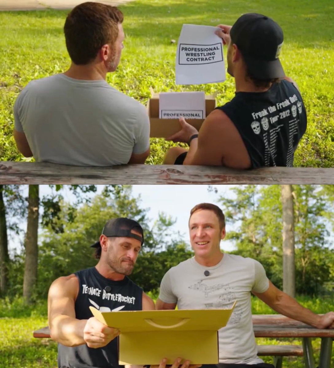 WrestlePurists's tweet photo. Motor City Machine Guns released a YouTube video where Alex Shelley walked Chris Sabin through the five stages of grief.

The team went through documents labeled “Professional Wrestling Contract” and landed on a contract they both liked. https://t.co/6tJGnOp9SJ