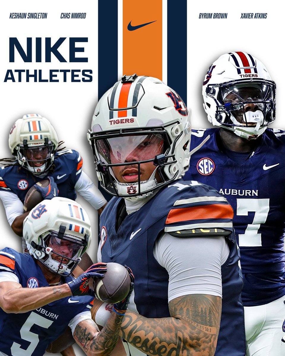 AuburnVOCFB's tweet photo. Four Auburn football players are now Nike athletes. 

LB Xavier Atkins, QB Byrum Brown, WR Chas Nimrod and WR Keshaun Singleton are now apart of the Nike football NIL. 

 #AuburnFootball #AuburnTigers #Auburn #WarEagle #Nike #SEC #SECFootball https://t.co/aof7wKiIVR
