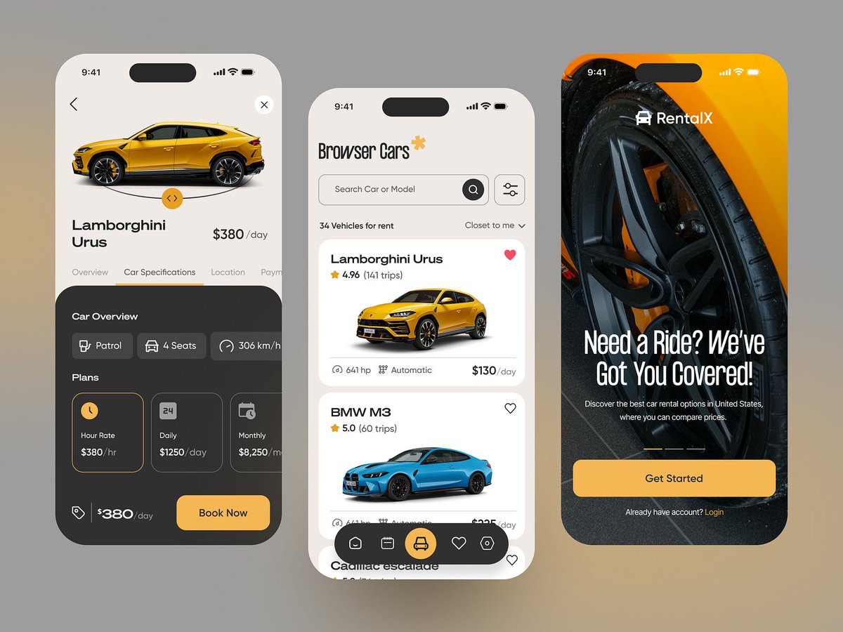 RafsanSam's tweet photo. Just wrapped up a Car Rental Mobile UI concept. 🚗✨

The goal was simple: → Make finding a car feel effortless → Keep booking friction close to zero → Let premium vehicles take center stage

Designed with: 
• Clean visual hierarchy 
• Premium yellow & black palette 
• Fast browsing experience 
• Simple pricing cards 
• One-tap booking flow

Every screen is focused on one thing: Turning visitors into bookings.

What's your favorite screen?
Onboarding
Browse Cars
Car Details

#UIDesign #UXDesign #MobileDesign #AppDesign #Figma #CarRental #ProductDesign #DesignInspiration
