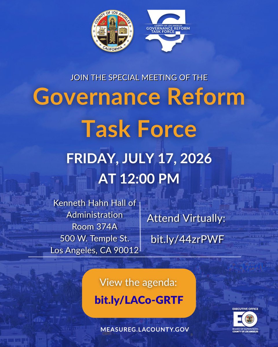 LACountyBOS's tweet photo. Join @LACountyGRTF for their Special Meeting on Fri, 7/17 at 12 p.m.
 
The #GRTF will review a draft charter amendment for consideration by the #LACountyBOS related to the Independent Ethics Commission &amp; Office of Ethics Compliance.
 
￼🔗: https://t.co/TLH9U8WnmP
🧵 https://t.co/E5mz4WPNln