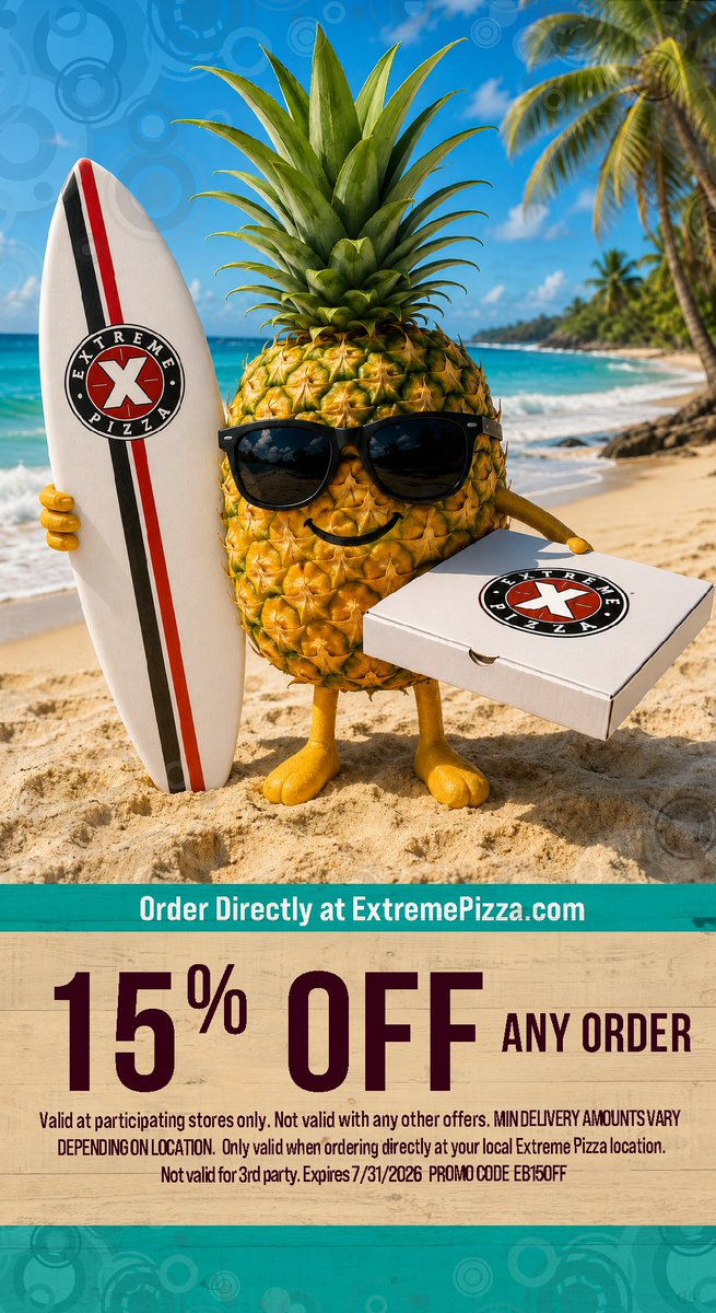 Extreme_Pizza's tweet photo. Savor the sunny flavors of Paia Pie 🌞🍕Order Extreme Pizza and receive 15% OFF any order w/ code EB15OFF. See all details on coupon. Valid at participating stores only. Expires 7/31/2026. Promo code EB15OFF #ExtremePizza #ThirstyThursday #tbt #pizza #pizzadelivery #summer #vibes https://t.co/hNQj3ETgv6