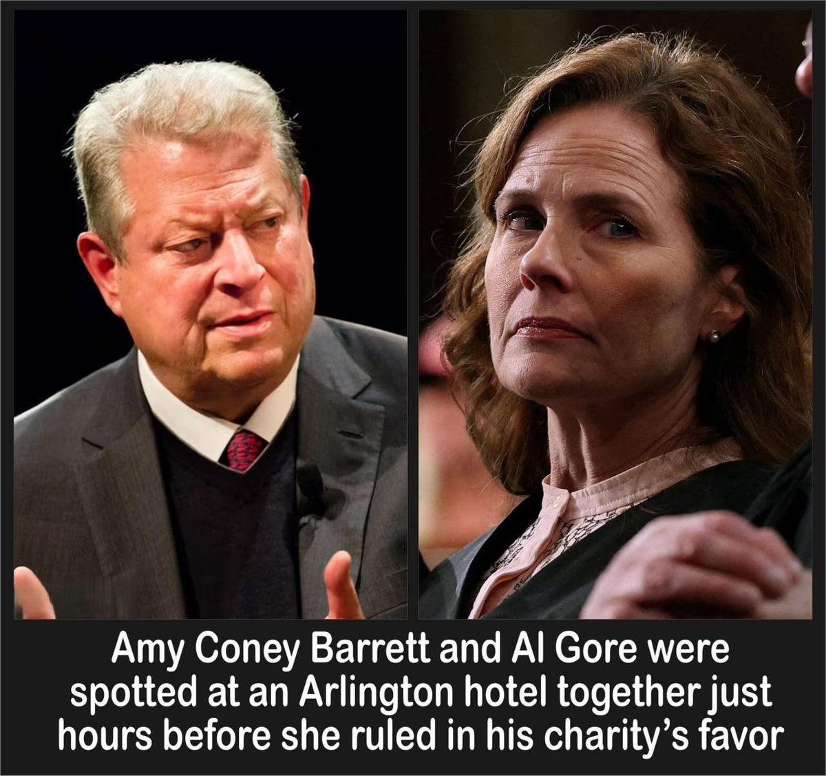 mcafeenew's tweet photo. 🚨AMY CONEY BARRETT THE COMPROMISED RINO WAS SPOTTED WITH AL GORE AT AN ARLINGTON HOTEL HOURS BEFORE RULING IN FAVOR OF HIS CHARITY AGAINST SPACEX — SHE’S BEEN BOUGHT AND PAID FOR!

Follow @RedLivesMatterQ 

This is straight-up corruption.

Amy Coney Barrett and Al Gore were seen together at a hotel in Arlington just hours before she issued her ruling in favor of Gore’s “Climate Action Now” charity, which was trying to block SpaceX over “excessive pollution.”

It was an 8-1 decision. Barrett was the only justice who sided with Gore. The rest of the Court saw right through it.

This isn’t coincidence. This is the same justice who’s already been caught “workshopping” with radical leftists like Ketanji Brown Jackson. Now she’s meeting privately with Al Gore right before handing him a win against Elon Musk’s company.

Barrett was sold to conservatives as a reliable originalist. Instead, she’s compromised, meeting with climate grifters in hotels and ruling against American innovation while the rest of the Court pushes back.

She’s not on our side. She never was.

The evidence keeps piling up. The meetings, the rulings, the timing — it’s all there.

Share this everywhere so every conservative sees exactly who Amy Coney Barrett really is!

Follow @mcafeenew for more drops.