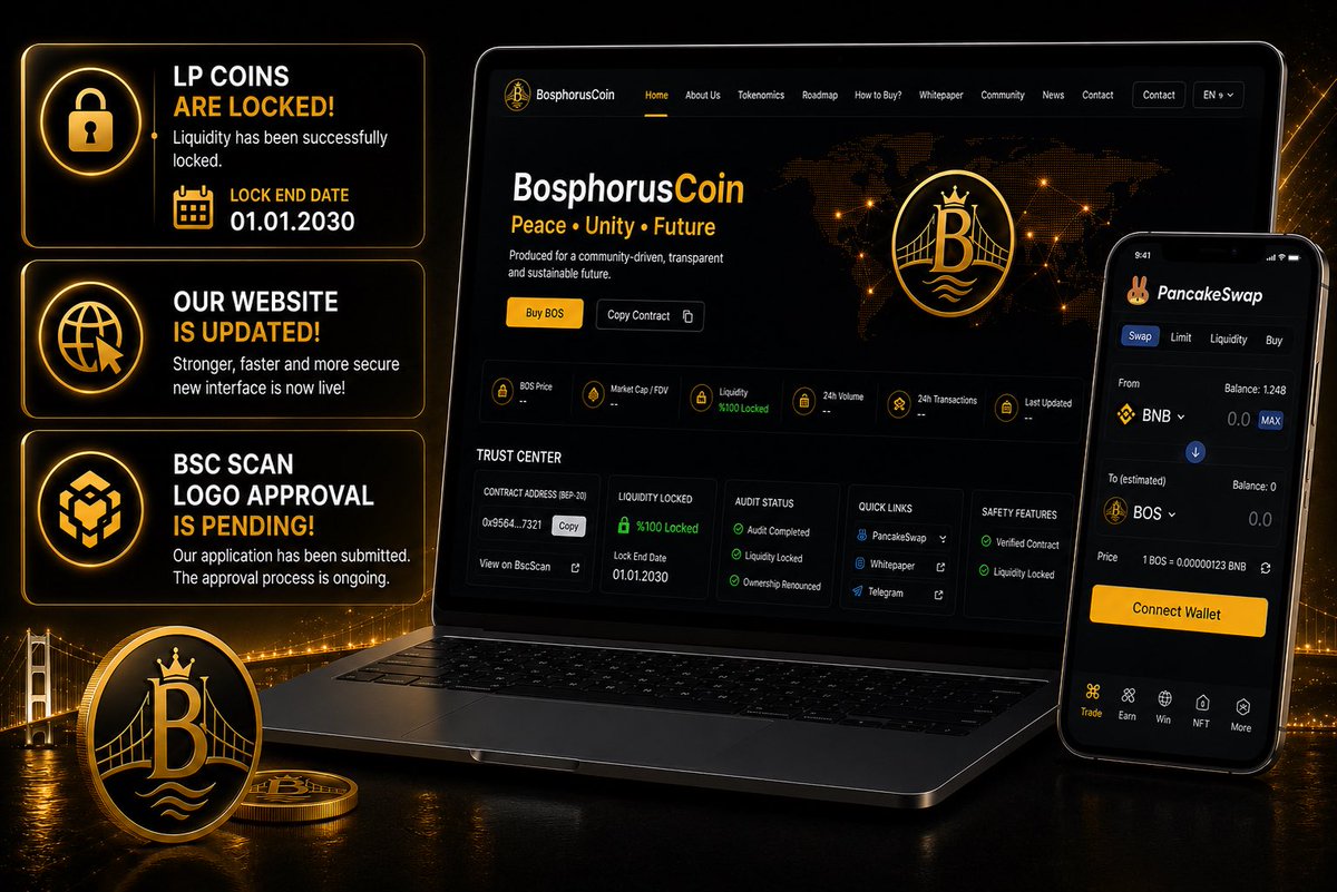 bosphoruscoin's tweet photo. 🚀 We continue to strengthen the BosphorusCoin ecosystem.

🔒 Our liquidity has been locked until January 1, 2030, reinforcing our long-term commitment to transparency, security, and community trust.

🌐 Our website has been completely redesigned, delivering a faster, cleaner, and more professional experience for our community.

🟡 Our BscScan logo verification request is currently under review. Once approved, BosphorusCoin will display its official logo and updated project information on BscScan.

Every improvement we make is another step toward building a stronger, more reliable, and community-driven ecosystem.

🌍 Website: https://t.co/PJmUMpgdR5
📄 Whitepaper: https://t.co/C8f222kMqr
🥞 Trade on PancakeSwap: https://t.co/7UdZwYJPAk

#BosphorusCoin #BOS #BNBChain #Blockchain #Crypto #DeFi #Web3 #PancakeSwap #LiquidityLocked #BscScan #CryptoProject #Altcoin #Token #CryptoCommunity #Transparency #Innovation #BuildInPublic #FutureOfFinance #BinanceSmartChain #Decentralization