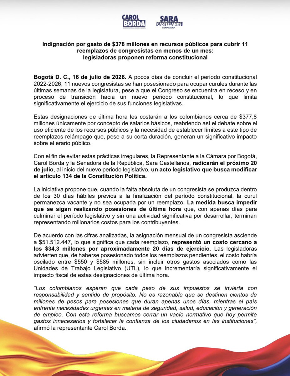 sarag12's tweet photo. El 20 de julio radicaré junto con la representante @CarolBordaA un acto legislativo que busca modificar
el artículo 134 de la Constitución Política. Queremos que se dejen de posesionar congresistas a menos de 30 días de acabar el período legislativo. Esto representa un gasto enorme y estamos en tiempo de austeridad. 

Es indignante que nos cueste más de 370 millones de pesos cubrir a 11 reemplazos de congresistas, pese a que el Congreso se encuentra en receso y en proceso de transición hacia un nuevo periodo constitucional. 

¡El despilfarro no será parte de la Patria Milagro!