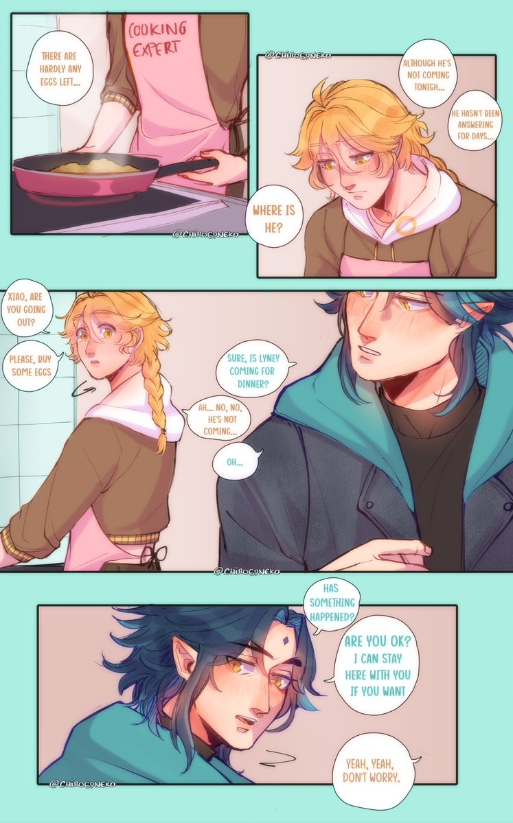 chirowoneko's tweet photo. "I'm sorry..." 💜 #Xiaotherney 
Modern AU Comic 1/6

(organized version lmao)
 #Xiao #Lyney #Aether #GenshinImpact https://t.co/OpDPDkzAOP