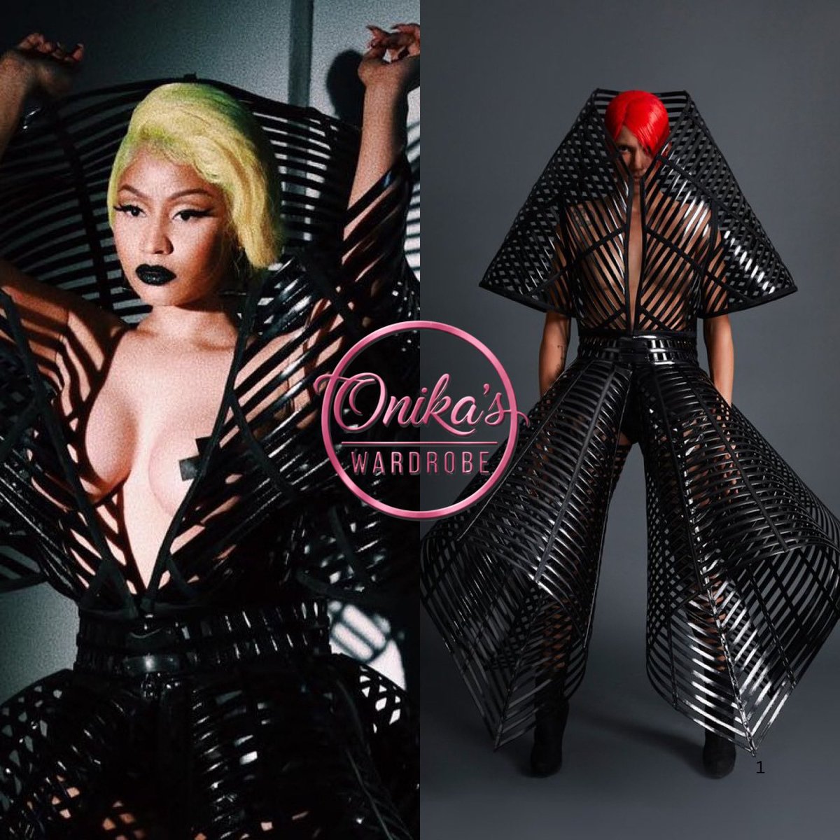 onikaswardrobe's tweet photo. Krippy Kush Remix (2017)
 
Nicki Minaj wears a Structural black outfit from Gareth Pugh Spring/Summer 2018 collection + $92 Vex Latex shorts and jewels by Lynn Ban.

#nickiminaj #fashion #style 
#krippykushremix #lynnban
#VexClothing #GarethPugh https://t.co/snDr9X6knq