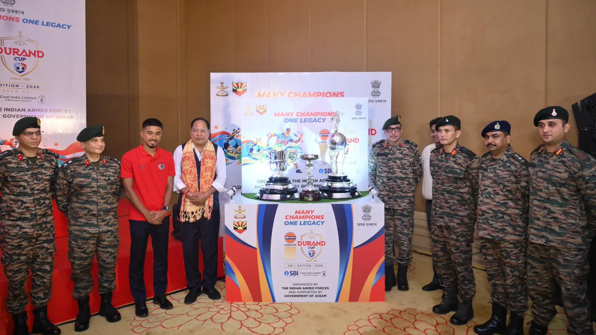 easterncomd's tweet photo. As part of the nationwide Trophy Tour, the prestigious trophies of the #135thEditionofIndianOilDurandCup arrived at Hotel Vivanta, #Guwahati, where they received a warm welcome from dignitaries and football enthusiasts.

The #DurandCup Organising Committee expressed its heartfelt gratitude to Shri Biswajit Daimary, Hon'ble Minister for Sports and Youth Welfare, Shri Kausar Jamil Hilaly, IAS (Retd), Special Secretary, Sports and Youth Welfare Department, Government of #Assam, Maj Gen Dinesh Kumar Singh, #GOC, #BengalSubArea & Vice Chairman, #DurandCup Organising Committee, Maj Gen Amit Dhir, #COS, #GajrajCorps and other distinguished military and civil dignitaries for their gracious presence and support.

On the occasion, the rich legacy of the #DurandCup was highlighted, describing it as not merely a football tournament, but a celebration of discipline, sportsmanship, unity and national integration.

राष्ट्रव्यापी ट्रॉफी यात्रा के अंतर्गत #135thEditionofIndianOilDurandCup की प्रतिष्ठित ट्रॉफियाँ #गुवाहाटी स्थित होटल विवांता पहुँचीं, जहाँ गणमान्य अतिथियों और फुटबॉल प्रेमियों ने उनका गर्मजोशी से स्वागत किया।

#DurandCup आयोजन समिति ने #असम के माननीय खेल एवं युवा कल्याण मंत्री श्री बिस्वजीत दैमारी, खेल एवं युवा कल्याण विभाग के विशेष सचिव श्री कौसर जमील हिलाली, आईएएस (सेवानिवृत्त), मेजर जनरल दिनेश कुमार सिंह, #GOC, #BengalSubArea एवं उपाध्यक्ष, #DurandCup आयोजन समिति, मेजर जनरल अमित धीर, #COS, #GajrajCorps तथा सैन्य एवं नागरिक गणमान्य अतिथियों का गरिमामयी उपस्थिति हेतु आभार व्यक्त किया।

इस अवसर पर #DurandCup की समृद्ध विरासत पर प्रकाश डालते हुए इसे केवल एक फुटबॉल प्रतियोगिता नहीं, बल्कि अनुशासन, खेल भावना, एकता और राष्ट्रीय एकीकरण का उत्सव बताया गया।

#भारतीय_सेना
#पूर्वी_कमान
#IndianArmy
#EasternCommand
#135thEditionofIndianOilDurandCup
#DeshKaCup
#ManyChampionsOneLegacy 
#DurandCup2026 
#IndianOilDurandCup 
#IndianFootball

@adgpi
@HQ_IDS_India
@SpokespersonMoD
@IAF_MCC
@indiannavy
@thedurandcup
@official_dgar
@IndiaCoastGuard
@HQ_DG_NCC
@prodefgau
@ProDefKolkata
@AssamRajbhavan
@mygovassam
@EAC_IAF
@IN_HQENC

Facebook  - https://t.co/alTdlupFje
Instagram  - https://t.co/eds7lfaejF