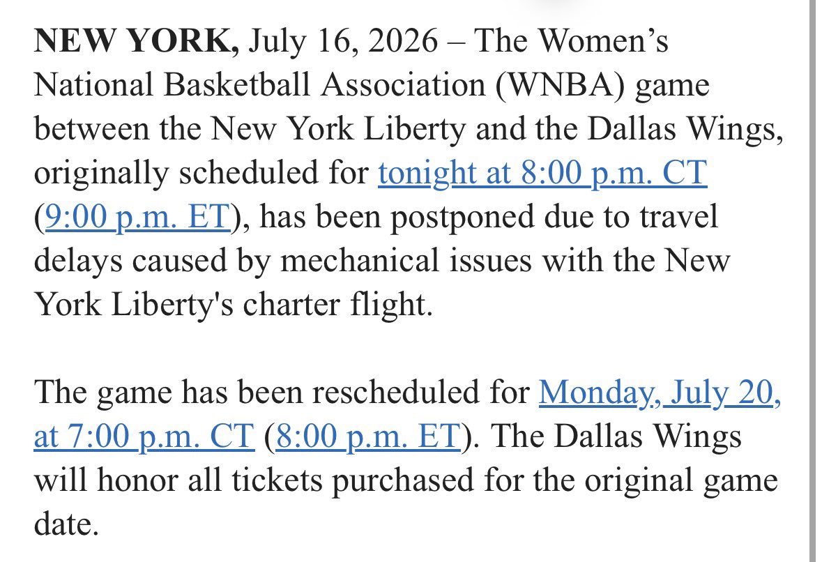 LibertyFM2017's tweet photo. TONIGHT’S GAME BETWEEN THE NEW YORK LIBERTY AND THE DALLAS WINGS POSTPONED #wnba #nyliberty https://t.co/NanMmlhcAk