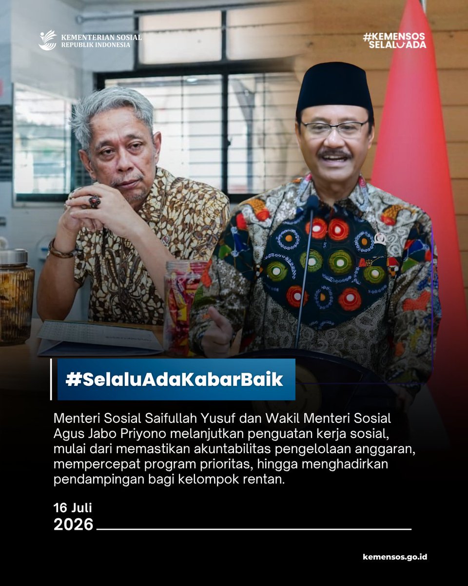 KemensosRI's tweet photo. Menteri Sosial Saifullah Yusuf dan Wakil Menteri Sosial Agus Jabo Priyono melanjutkan penguatan kerja sosial, mulai dari memastikan akuntabilitas pengelolaan anggaran, mempercepat program prioritas, hingga menghadirkan pendampingan bagi kelompok rentan. https://t.co/VhZFpzISYQ