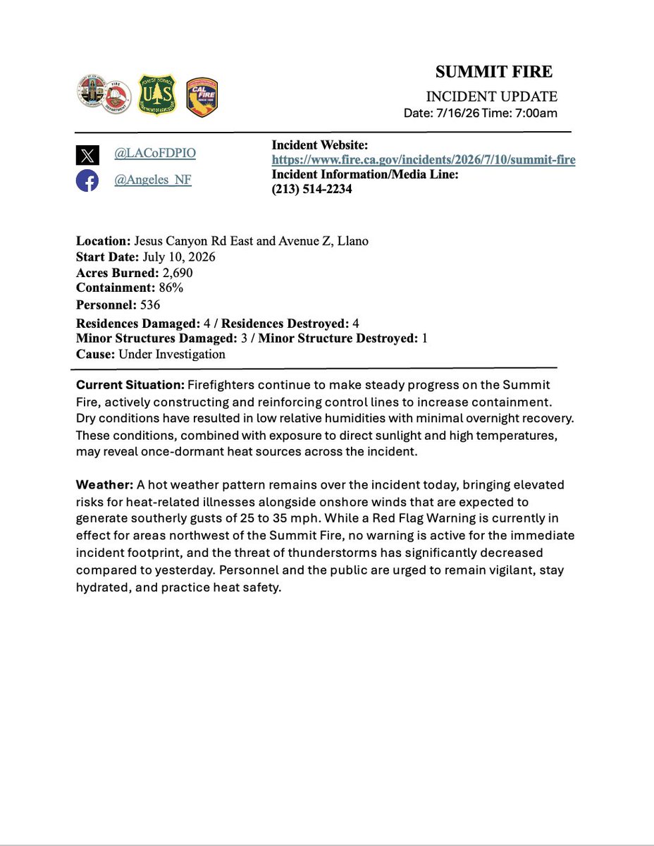 LACoFDPIO's tweet photo. #SummitFire Morning Update for 7/16/2026 https://t.co/O9fzrtN6O5