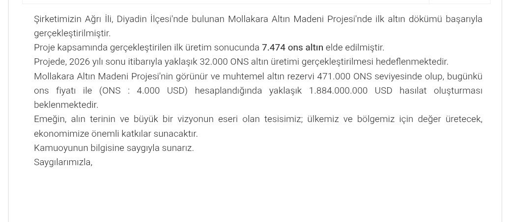 PiyasaTturkiye's tweet photo. #TRALT Türk Altın, Ağrı'daki Mollakara Altın Madeni'nde ilk altın dökümünü gerçekleştirdi.

📍İlk üretimde 7.474 ons altın elde etti.

📍2026 yıl sonu için 32.000 ons altın üretmeyi hedefliyor.

📍Madenin 471.000 ons görünür ve muhtemel altın rezervi bulunuyor.

📍Mevcut ons fiyatıyla yaklaşık 1.884.000.000 dolar hasılat elde etmeyi öngörüyor.