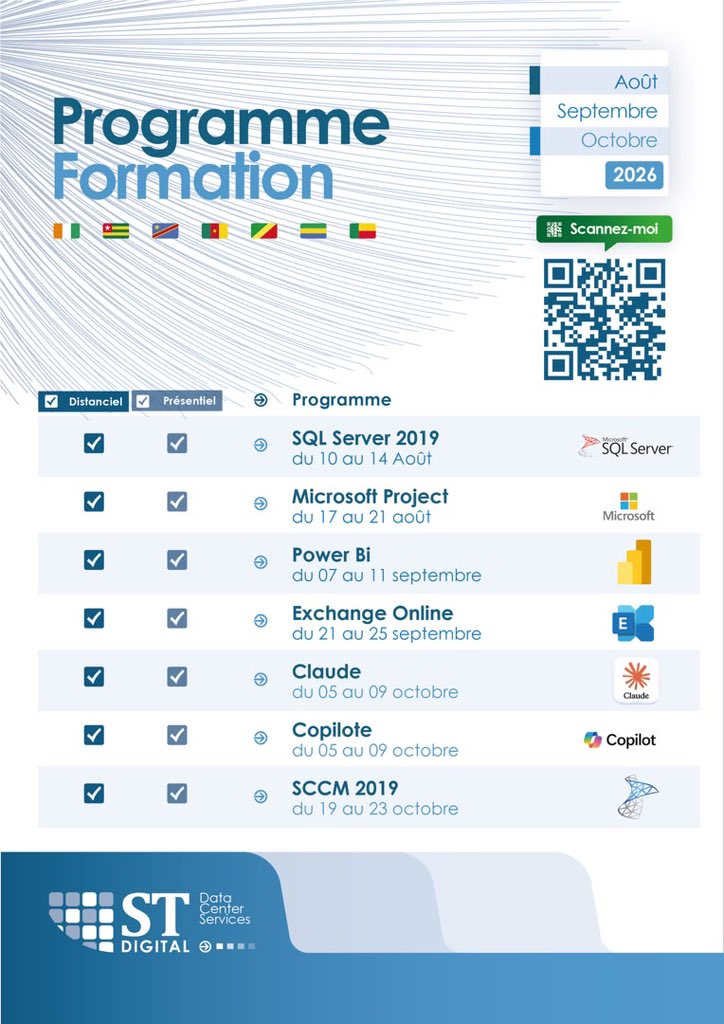 STDIGITAL_corp's tweet photo. ST Digital dévoile son programme de formations août–octobre 2026 : SQL Server 2019, Power BI, Microsoft Project, Exchange Online, Claude, Copilot et SCCM 2019. Formations en présentiel et à distance.
 Inscriptions : https://t.co/nRzFNA3OUc https://t.co/tZpHRCLaeT