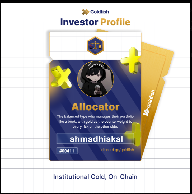 cryptomaniaa22's tweet photo. Got Allocator on the @goldfishggbr Investor Profile.
I prefer balancing risk over chasing hype, so gold naturally fits my strategy. Even better now that it's moving on-chain.
@Masyyyaziiid  your turn. What's your Investor Profile?  https://t.co/LstR9Oy8Je https://t.co/KXKuGQaUi7