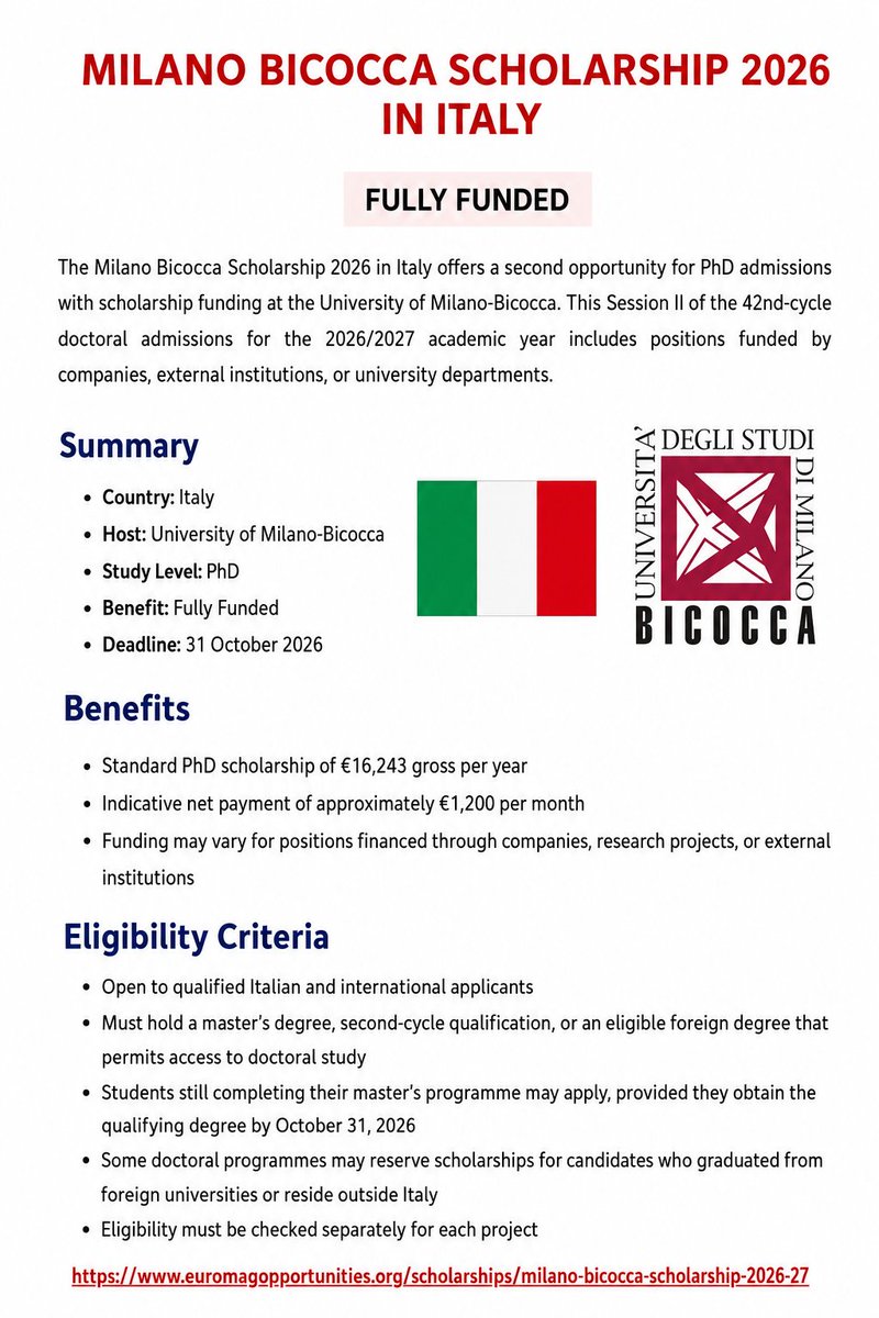 ferdih001's tweet photo. 🇮🇹 130 Milano-Bicocca PhD Scholarships 2027 | Italy

🌍 Open to international graduates
🎓 Fields: Science, Engineering, Medicine, Economics, Law, Psychology, Education &amp; Humanities

👉 https://t.co/lrOzJxVAUR https://t.co/rlLYUmSfJy