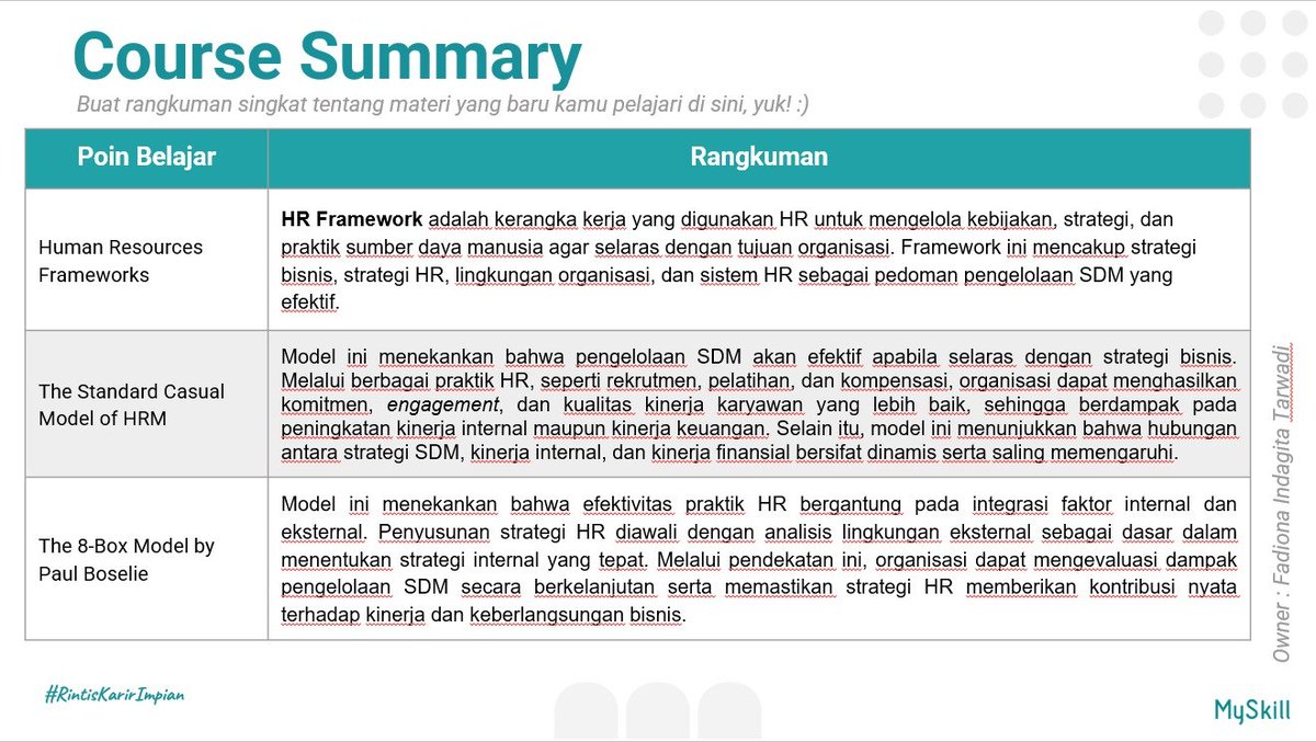 _mochiatto's tweet photo. Belajar di MySkill mengenai HR Frameworks Fundamental membuka perspektif baru bahwa HR bkn sekadar urusan administrasi, tp juga mitra strategis dalam mencapai tujuan bisnis. Bnyk insight baru yang siap diterapkan untuk pengembangan karier di dunia Human Resources #learnatmyskill https://t.co/hdC0N7Cn9Q