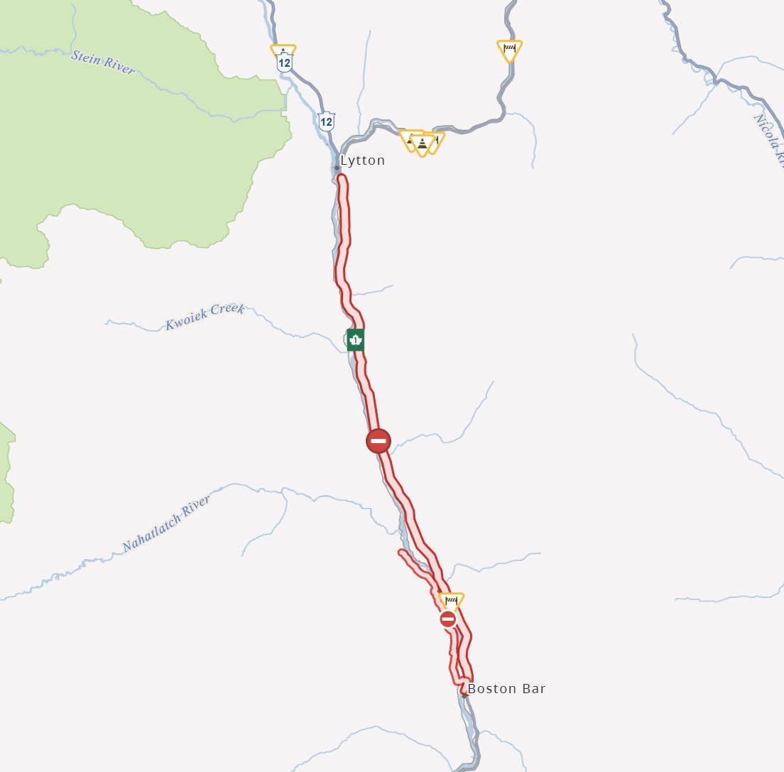 DriveBC's tweet photo. ⛔️#BCHwy1 - CLOSED between #BostonBar and #LyttonBC due to wildfires in the area. The road remains open for local traffic only. Use #BCHwy5 or #BCHwy3 as alternate routes. @EmergencyInfoBC @BCGovFireInfo 

ℹ️More info: https://t.co/oiADvXTJsp https://t.co/Gd0N18sGoi