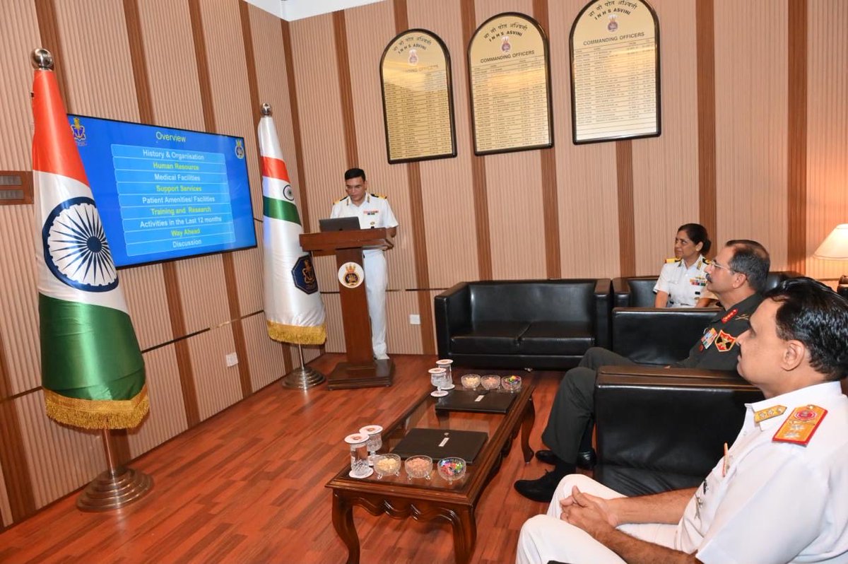 IN_ASVINI's tweet photo. Lt Gen Devendra Sharma, PVSM, AVSM, SM, #GOCINC #ARTRAC visited #INHSAsvini, School of Medical Assistants, and Institute of Naval Medicine on 16 Jul 26. He lauded the hospital for maintaining high standard of medical care with modern medical infrastructure and excellent tertiary health care delivery to the clientele. Emphasis on cross training visits amongst three services and sharing the good practices on Combat Medical Support alongwith building mental resilience were the key takeaways. He appreciated the efforts in innovation and medical research by the hospital.

@indiannavy 
@IndiannavyMedia 
@IN_WNC 
@adgpi 
@artrac_ia 
@DefPROMumbai 
@dgafms_mod